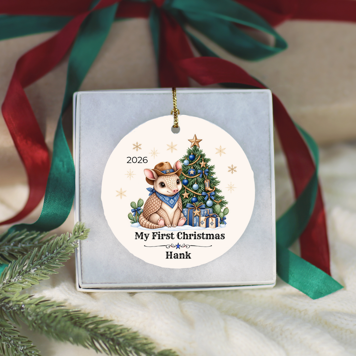 Personalized Baby Armadillo Christmas Ornament, Baby's First Christmas, Western Cowboy Cowgirl Baby Gift, Custom Name Year, Blue or Pink
