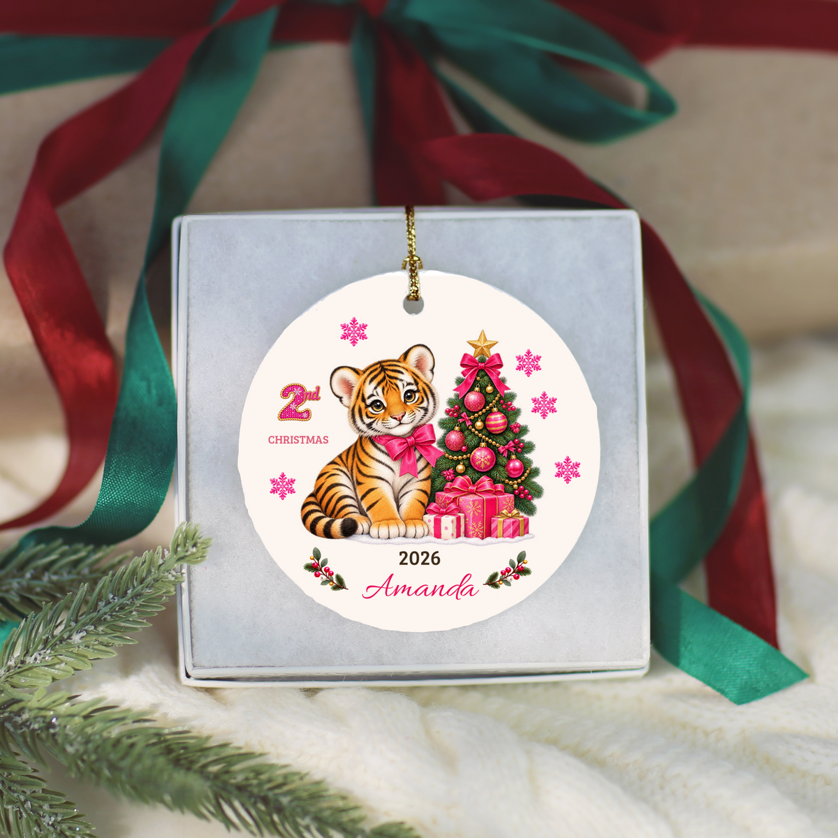 Personalized Baby Tiger Christmas Ornament, Baby's 1st to 10th Christmas Keepsake, Custom Name and Year, Pink or Blue, Ceramic Gift