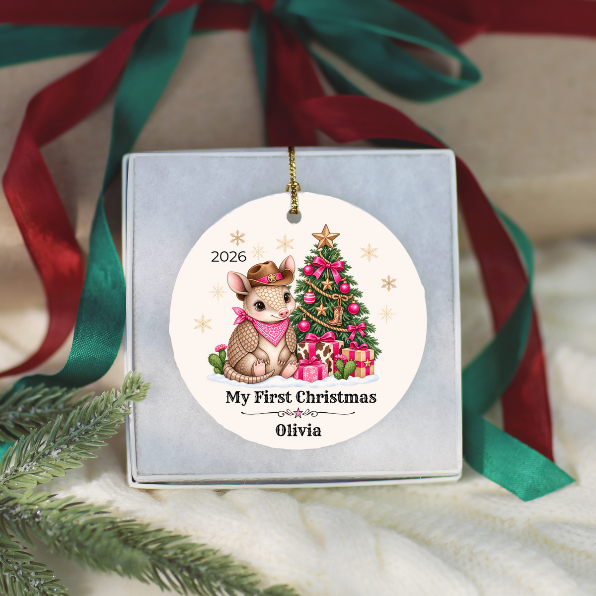 Personalized Baby Armadillo Christmas Ornament, Baby's First Christmas, Western Cowboy Cowgirl Baby Gift, Custom Name Year, Blue or Pink