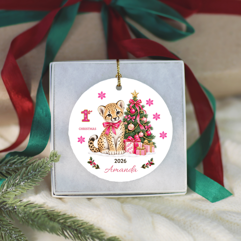 Personalized Baby Girl Cheetah Christmas Ornament, Baby's First Christmas, 1st–10th Year Keepsake, Custom Name and Year, Pink or Blue