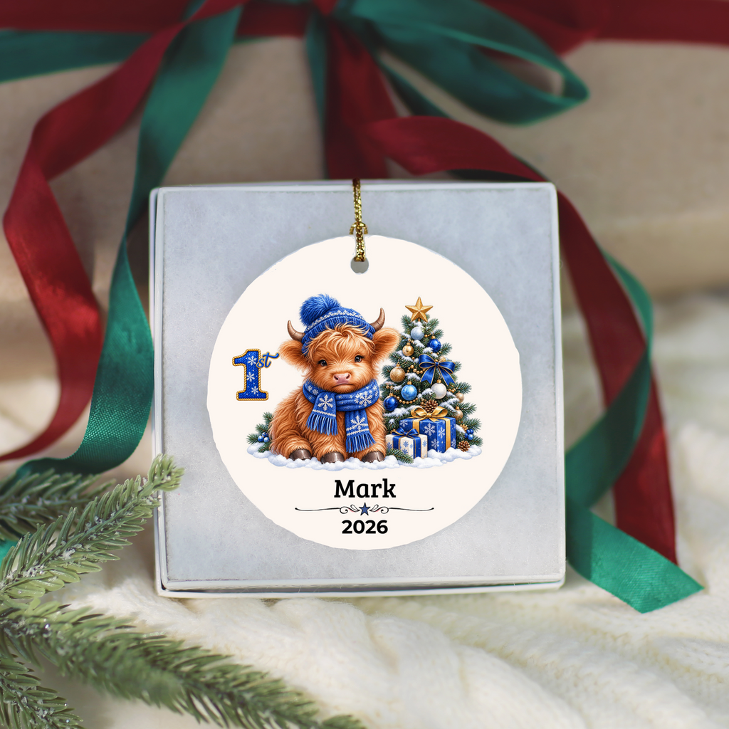 Personalized Christmas Ornament – Pink or Blue Highland Cow First, Second, Third Christmas 2026, Custom Name Keepsake, 3 Inch Ceramic Holiday Decor