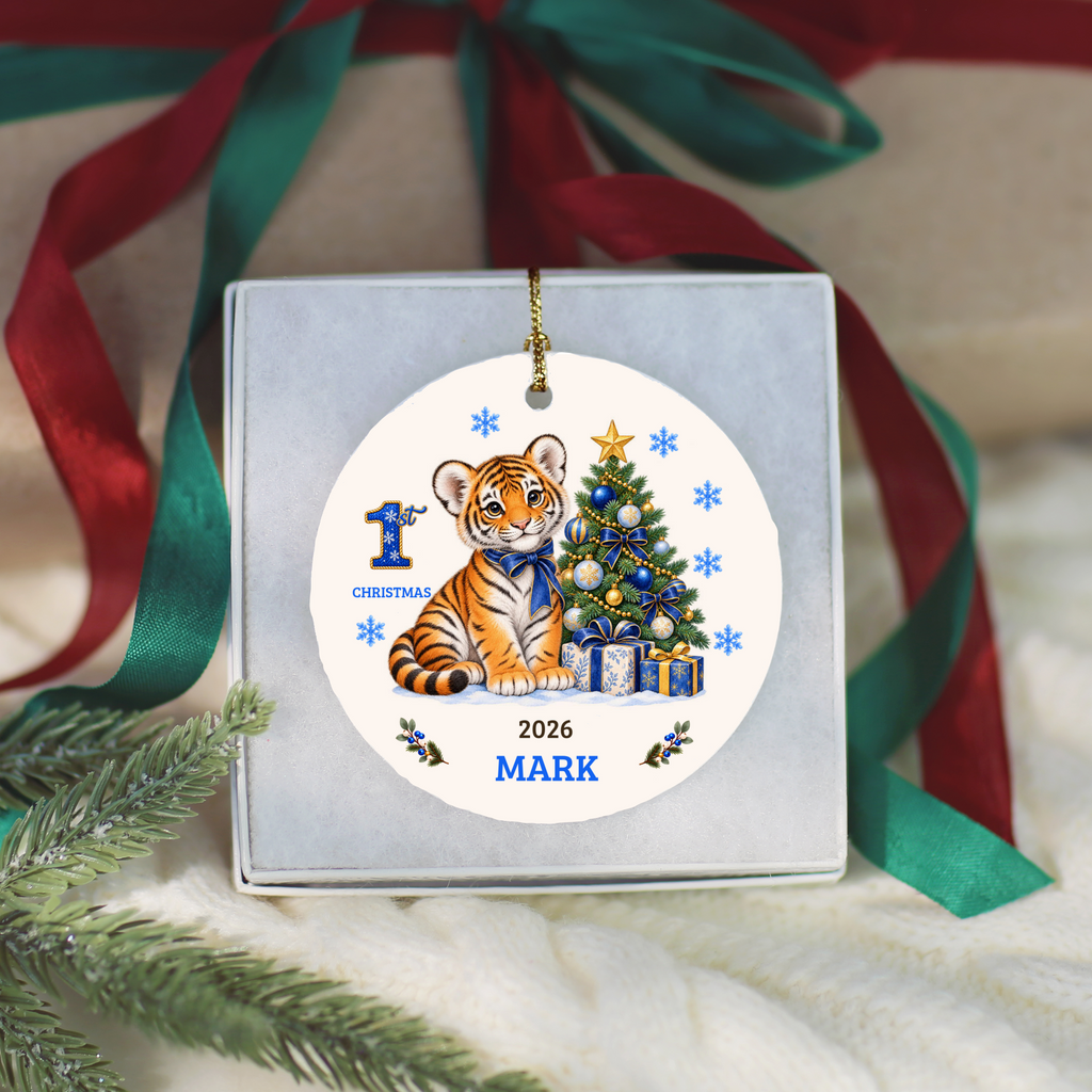 Personalized Baby Tiger Christmas Ornament, Baby's 1st to 10th Christmas Keepsake, Custom Name and Year, Pink or Blue, Ceramic Gift