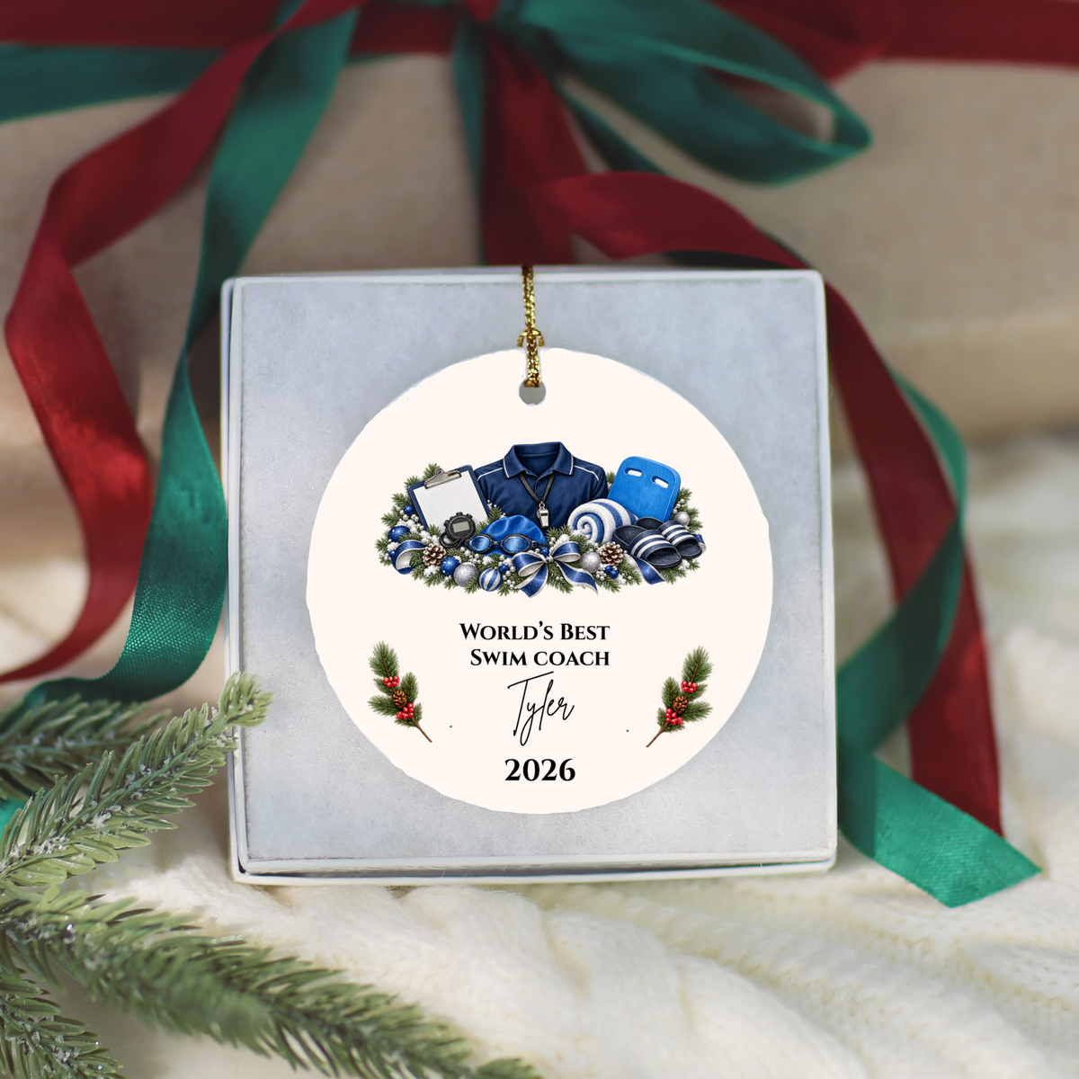 Personalized Swim Coach Ornament, Swimming Coach Christmas Gift, Custom Coach Appreciation Keepsake, Swim Team Gift, Name and Year