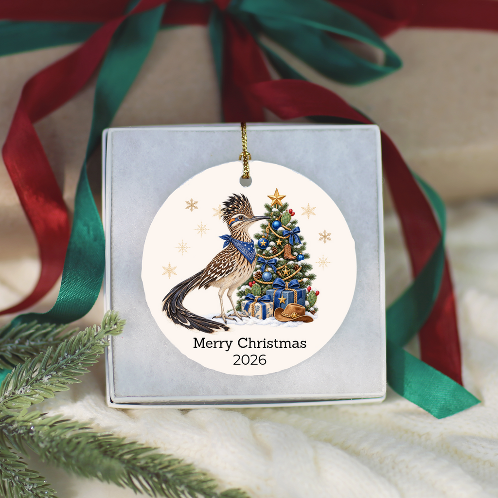 Personalized Roadrunner Christmas Ornament, Western Cowboy Cowgirl Decor, Blue or Pink, Custom Text and Year, Southwest Christmas Gift