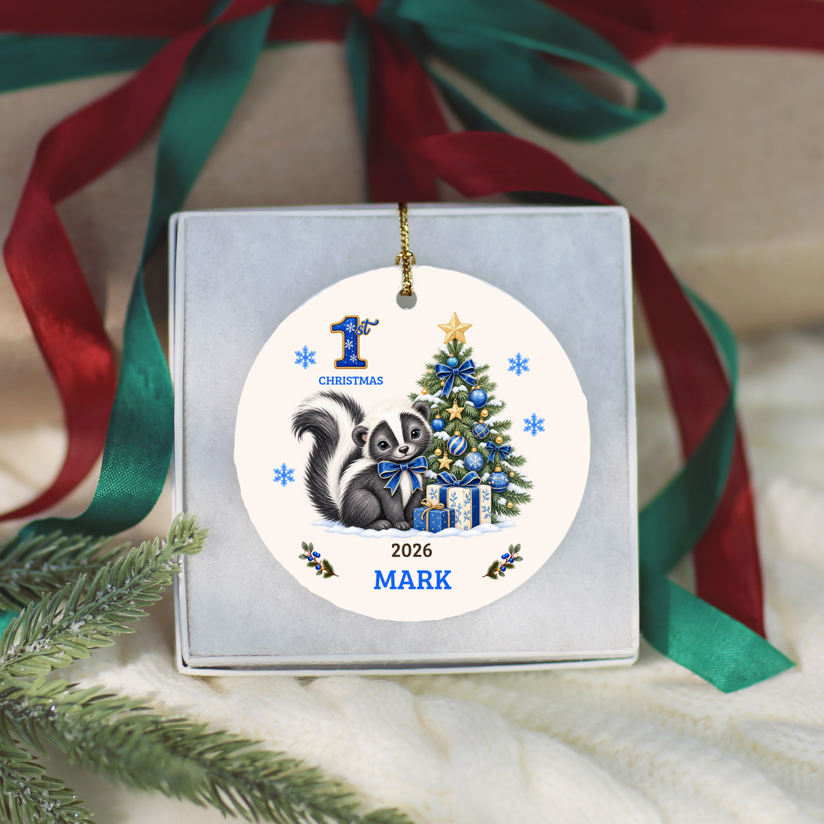 Personalized Baby Skunk Christmas Ornament, Baby's First Christmas, 1st–10th Christmas Keepsake, Custom Name and Year, Pink or Blue
