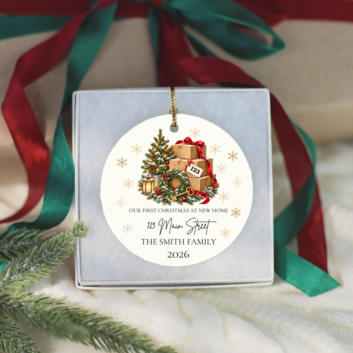 Personalized First Christmas in New Home Ornament, Custom Address Christmas Decoration, Moving Boxes Ornament, New Homeowner Housewarming Gift