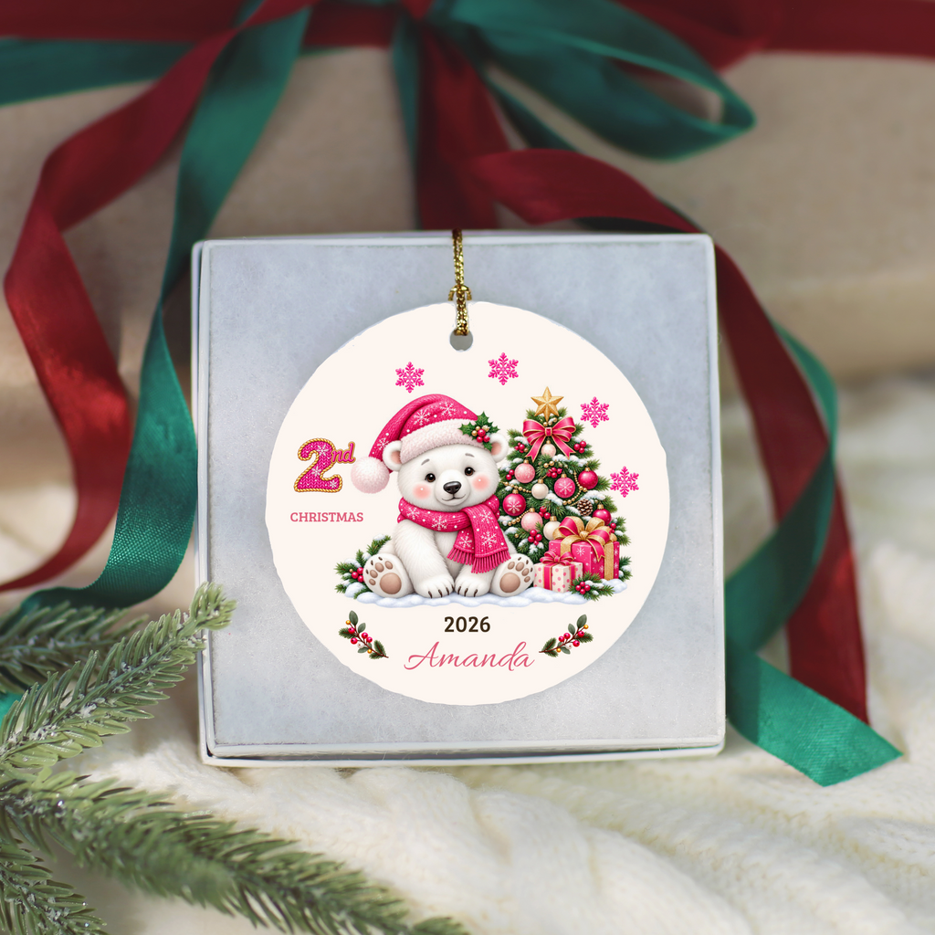 Personalized Baby Polar Bear Christmas Ornament, Baby's First Christmas, 1st–10th Christmas Keepsake, Custom Name and Year, Pink or Blue