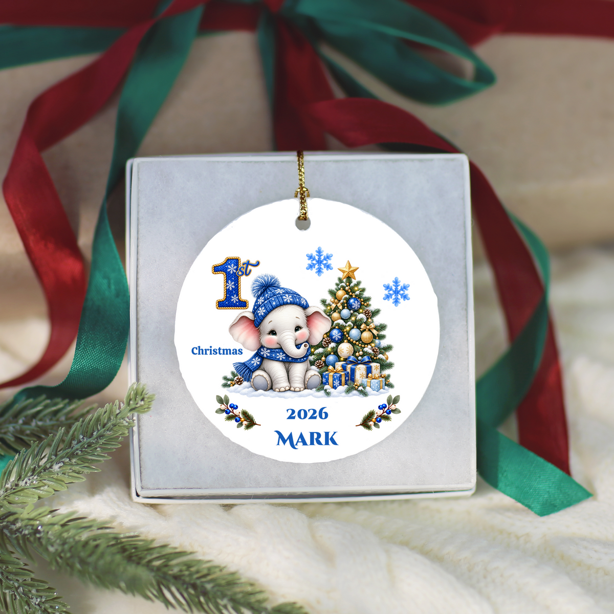 Elephant Baby Personalized Christmas Ornament, Baby's 1st 2nd 3rd Christmas, Custom Name Year Ceramic Keepsake, Girl Gift