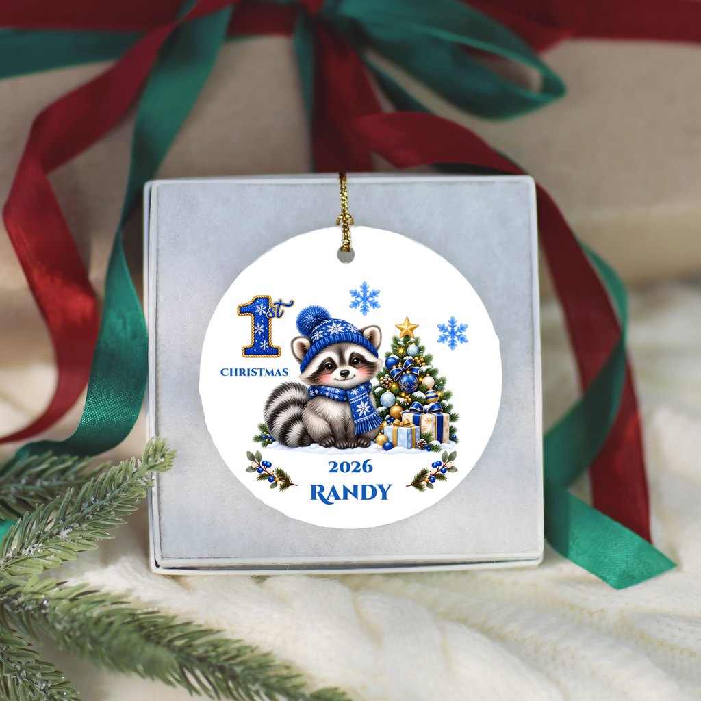 Raccoon Holiday Decor, Baby's First, Second, Third Christmas Ornament, Holiday Decor, Ceramic Tree Decoration 3 Inch