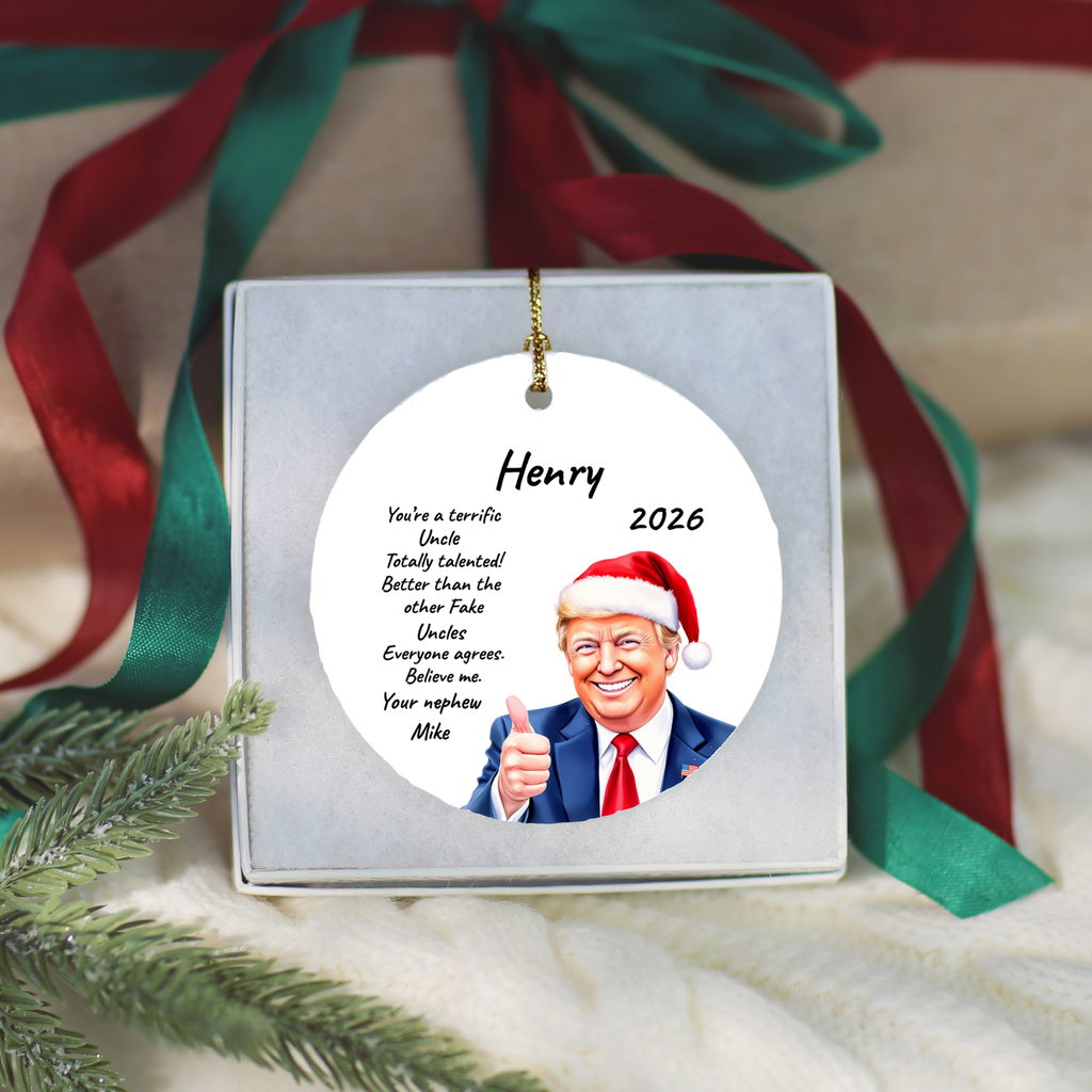 Personalized Trump Christmas Ornament, Funny Santa Hat Trump Gift, Custom Name Year and Relationship, 3 Inch Ceramic Holiday Keepsake