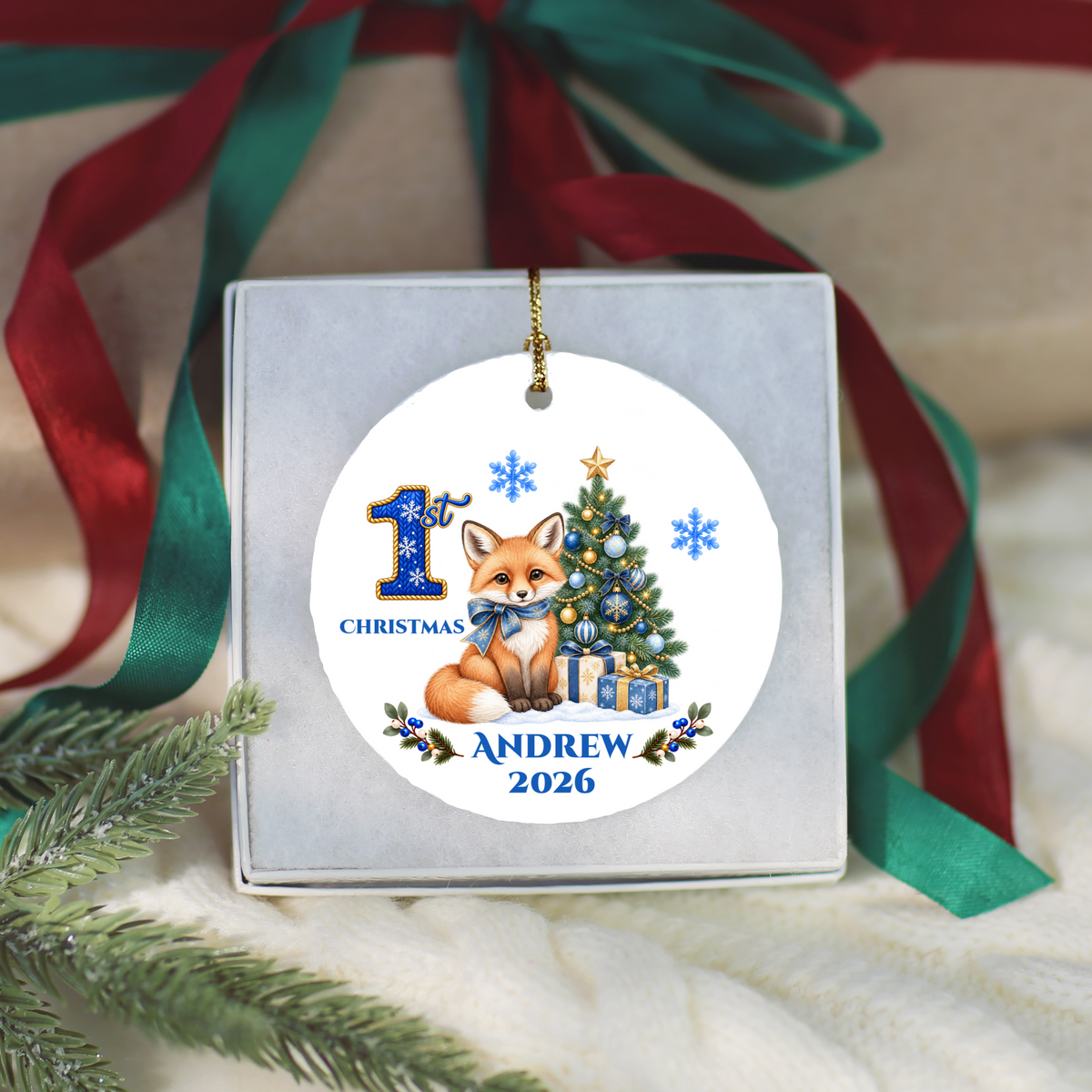 Fox Baby Personalized Christmas Ornament, Baby's 1st 2nd 3rd Christmas, Custom Name Year Ceramic Keepsake
