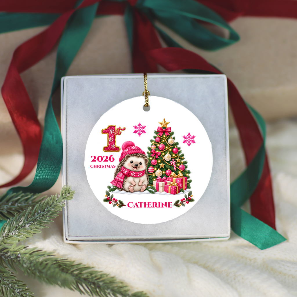 Hedgehog Baby Personalized Christmas Ornament Pink, Baby's 1st 2nd 3rd Christmas, Custom Name Year Ceramic Keepsake, Girl Gift