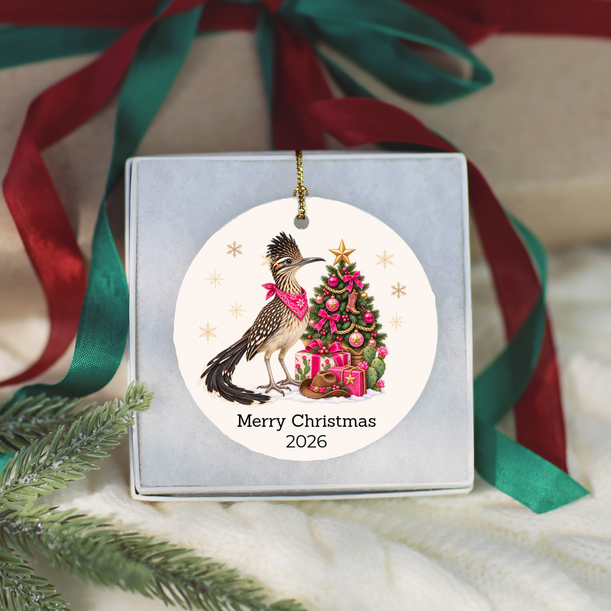 Personalized Roadrunner Christmas Ornament, Western Cowboy Cowgirl Decor, Blue or Pink, Custom Text and Year, Southwest Christmas Gift