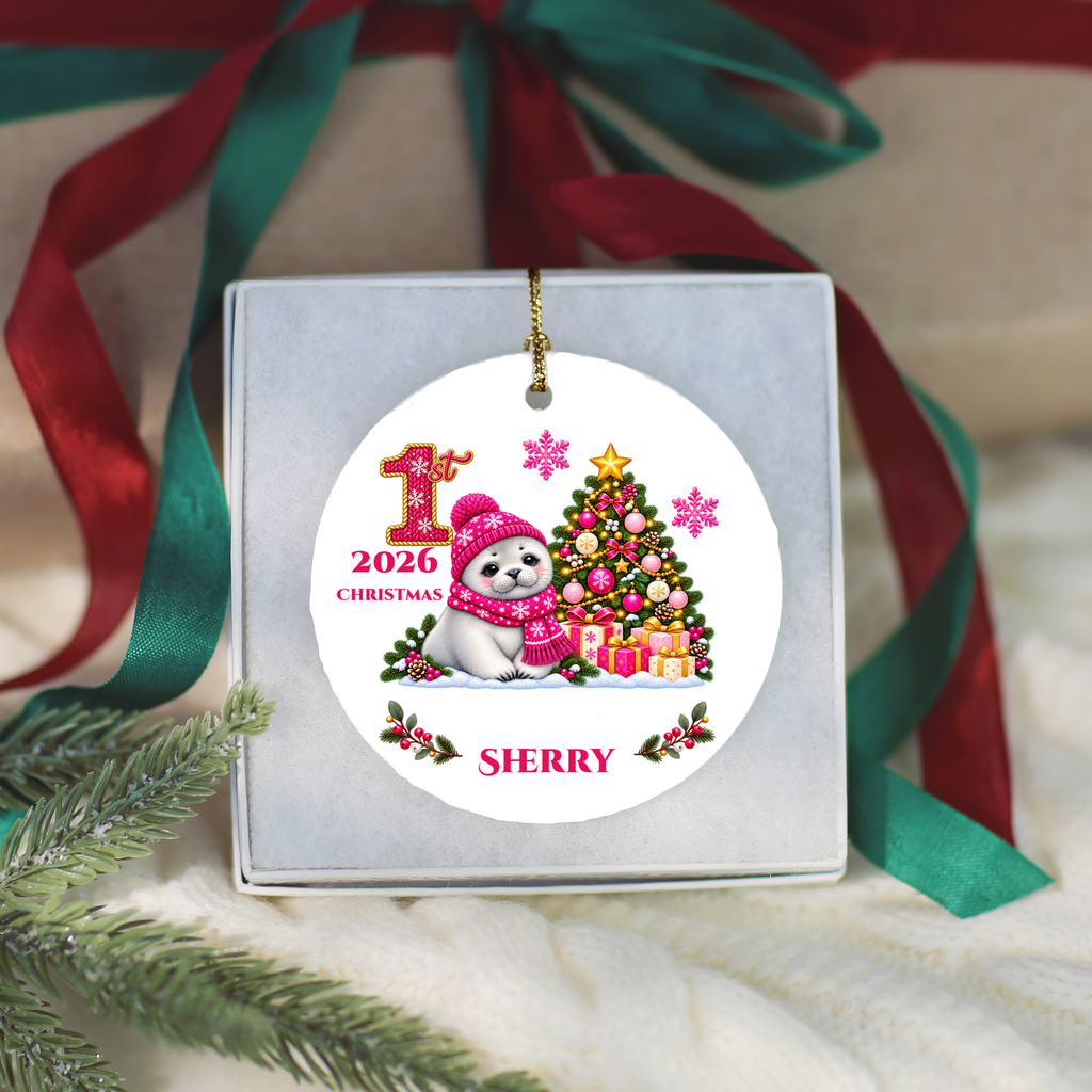Baby Seal Pup Personalized Christmas Ornament, Custom Name Year Ceramic Keepsake, Baby’s 1st 2nd 3rd Christmas, Girl Gift