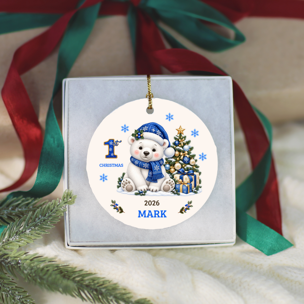 Personalized Baby Polar Bear Christmas Ornament, Baby's First Christmas, 1st–10th Christmas Keepsake, Custom Name and Year, Pink or Blue