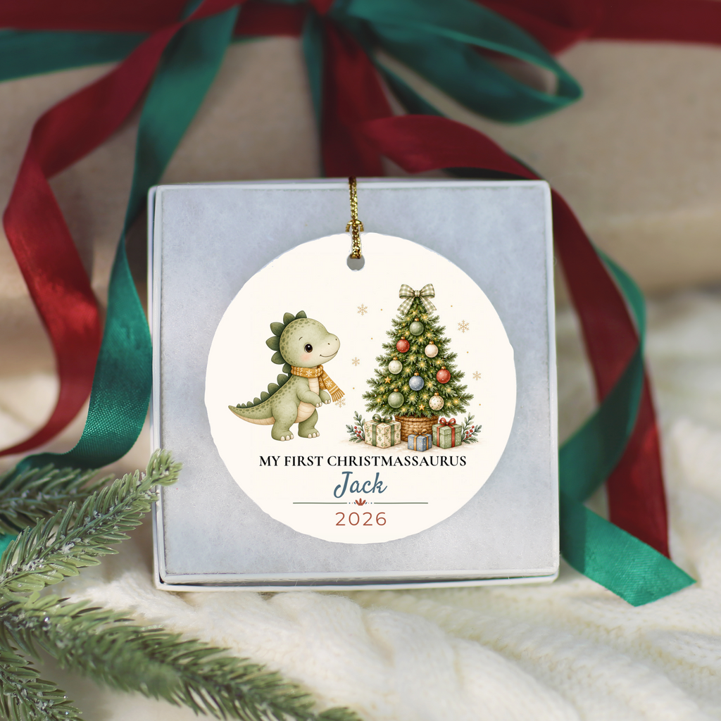 Personalized Dinosaur Christmas Ornament, Baby 1st 2nd 3rd Christmas, Custom Name Year, Christmassaurus Ceramic Keepsake