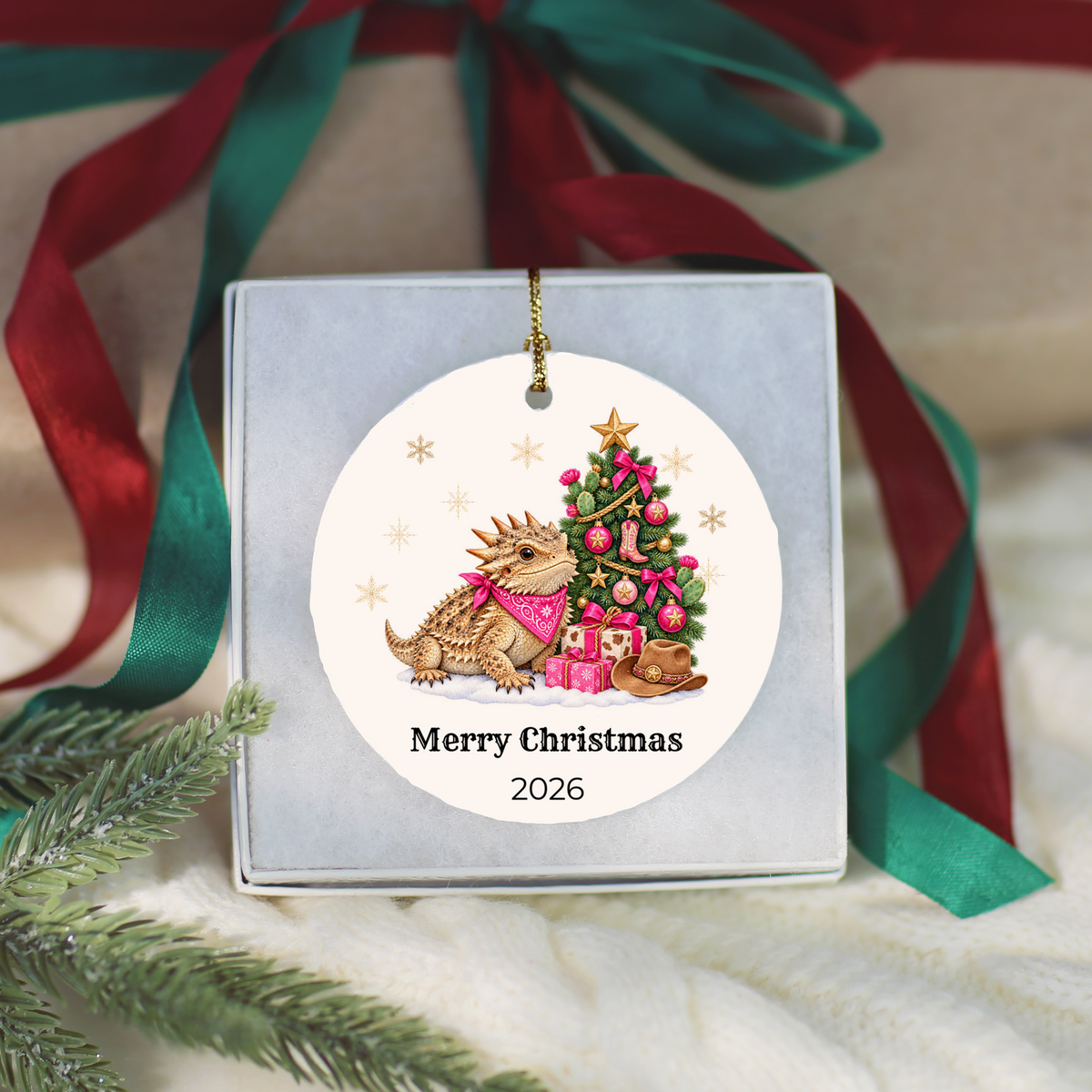 Personalized Horny Toad Christmas Ornament, Texas Horned Lizard, Western Cowboy Cowgirl Decor, Blue or Pink, Custom Name Year Gift