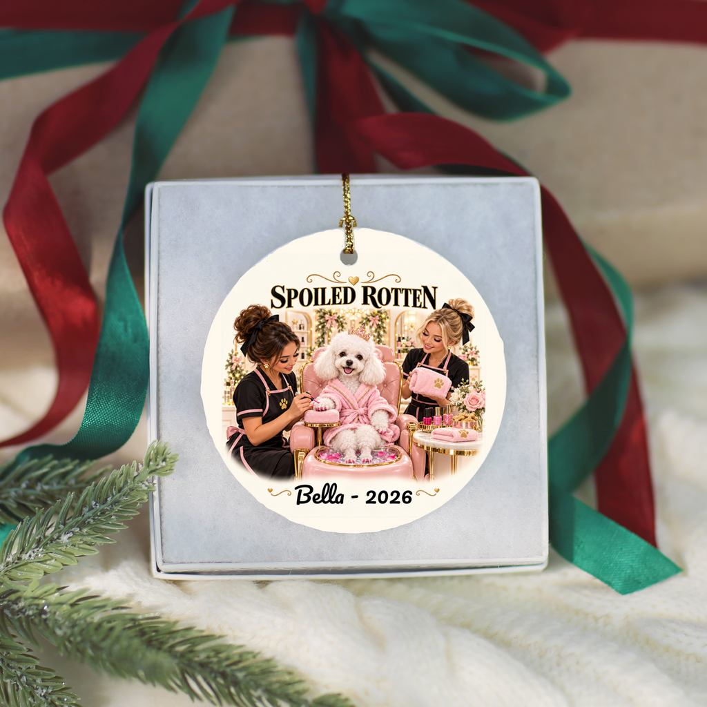 Personalized Pet Photo Christmas Ornament, Spoiled Rotten Dog Spa Ornament, Custom Dog or Cat Gift, Pet Name and Year, Ceramic Keepsake