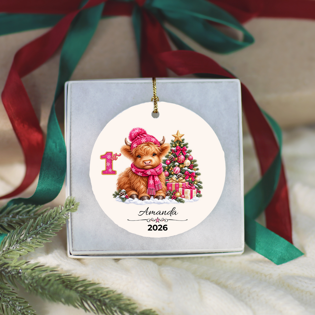 Personalized Christmas Ornament – Pink or Blue Highland Cow First, Second, Third Christmas 2026, Custom Name Keepsake, 3 Inch Ceramic Holiday Decor