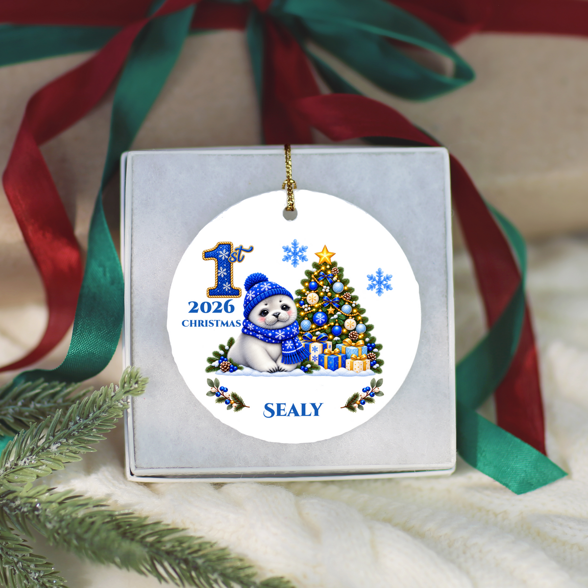Seal Pup Personalized Baby's 1st 2nd 3rd Christmas Ceramic Keepsake Ornament, Custom Name Year, Boy Gift