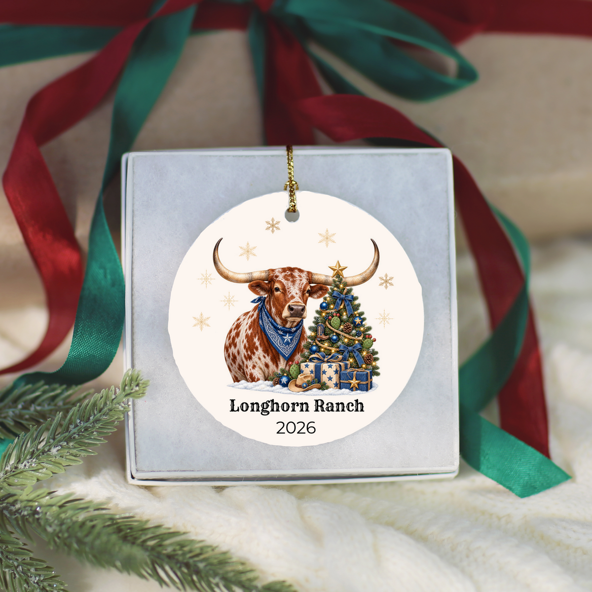 Personalized Longhorn Christmas Ornament, Western Cowboy Ceramic Ornament, Custom Name and Year