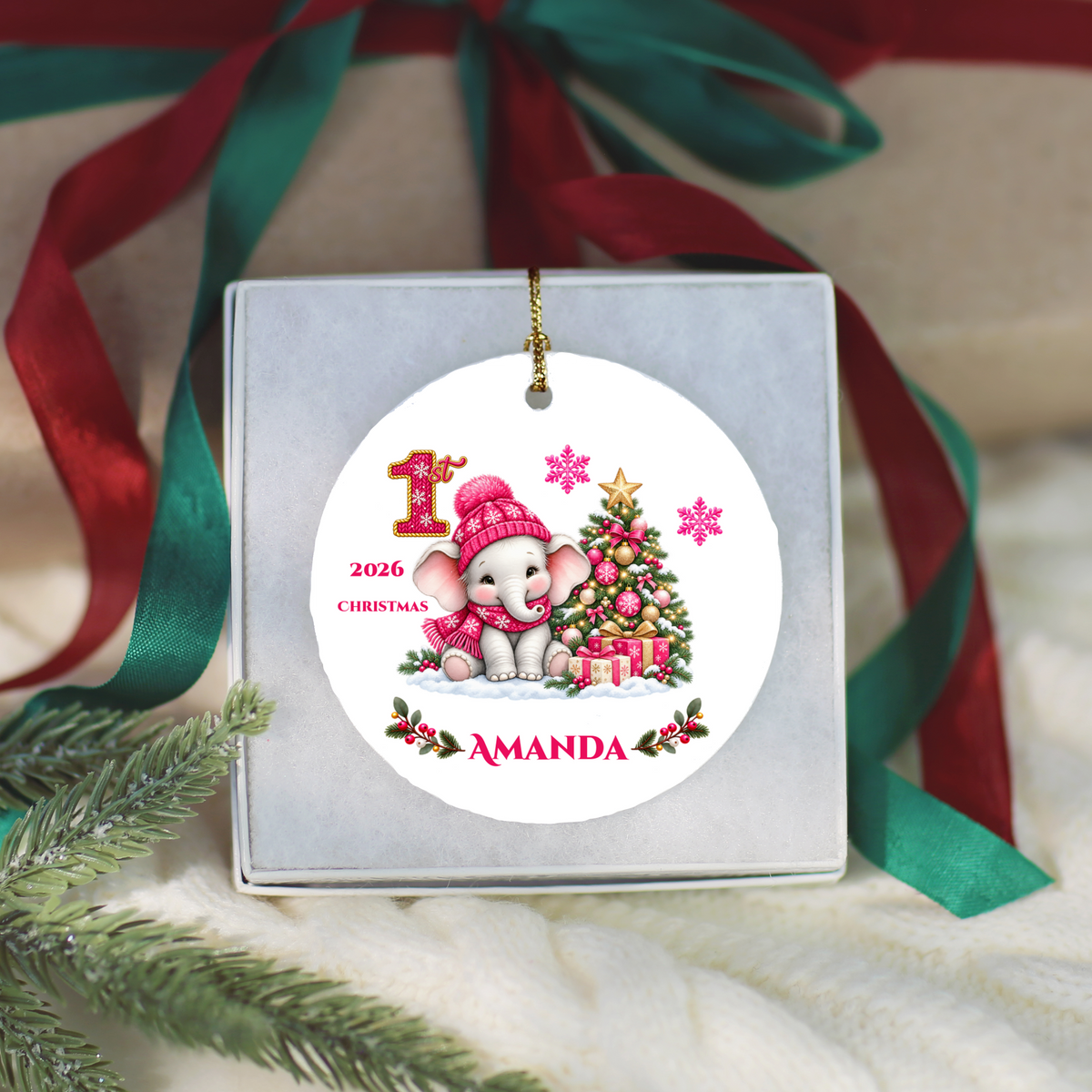 Elephant Baby Personalized Christmas Ornament Pink, Baby's 1st 2nd 3rd Christmas, Custom Name Year Ceramic Keepsake, Girl Gift