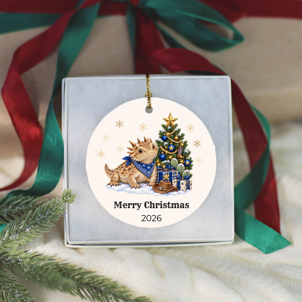 Personalized Horny Toad Christmas Ornament, Texas Horned Lizard, Western Cowboy Cowgirl Decor, Blue or Pink, Custom Name Year Gift