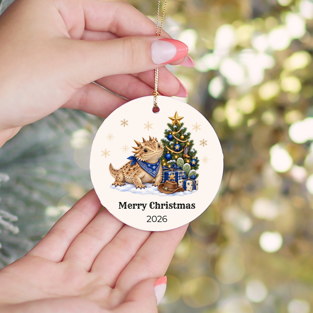 Personalized Horny Toad Christmas Ornament, Texas Horned Lizard, Western Cowboy Cowgirl Decor, Blue or Pink, Custom Name Year Gift