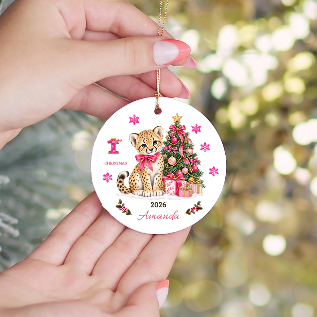 Personalized Baby Girl Cheetah Christmas Ornament, Baby's First Christmas, 1st–10th Year Keepsake, Custom Name and Year, Pink or Blue
