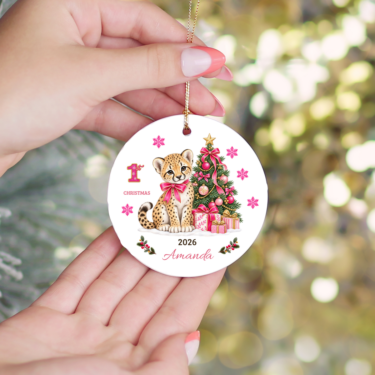 Personalized Baby Girl Cheetah Christmas Ornament, Baby's First Christmas, 1st–10th Year Keepsake, Custom Name and Year, Pink or Blue