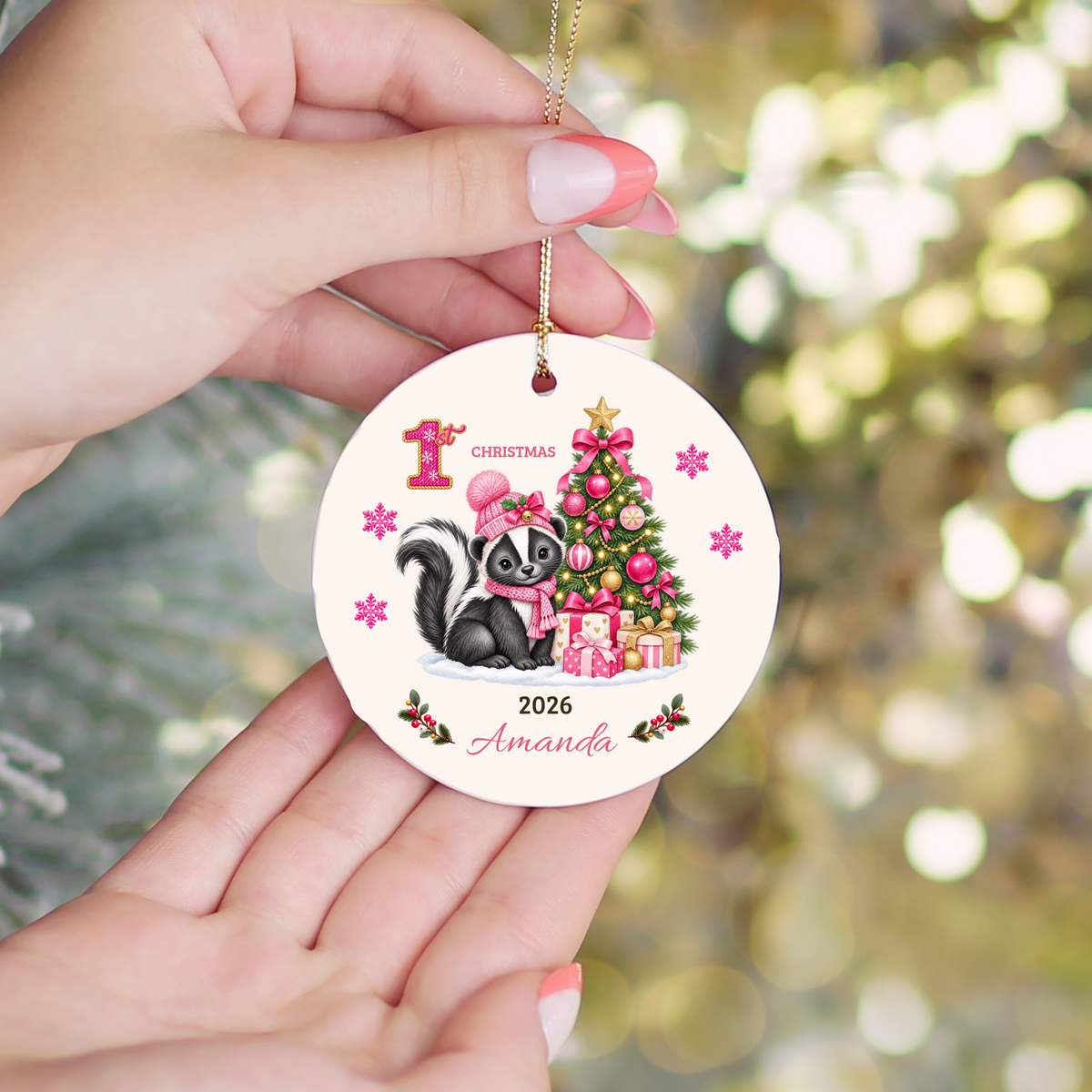 Personalized Baby Skunk Christmas Ornament, Baby's First Christmas, 1st–10th Christmas Keepsake, Custom Name and Year, Pink or Blue