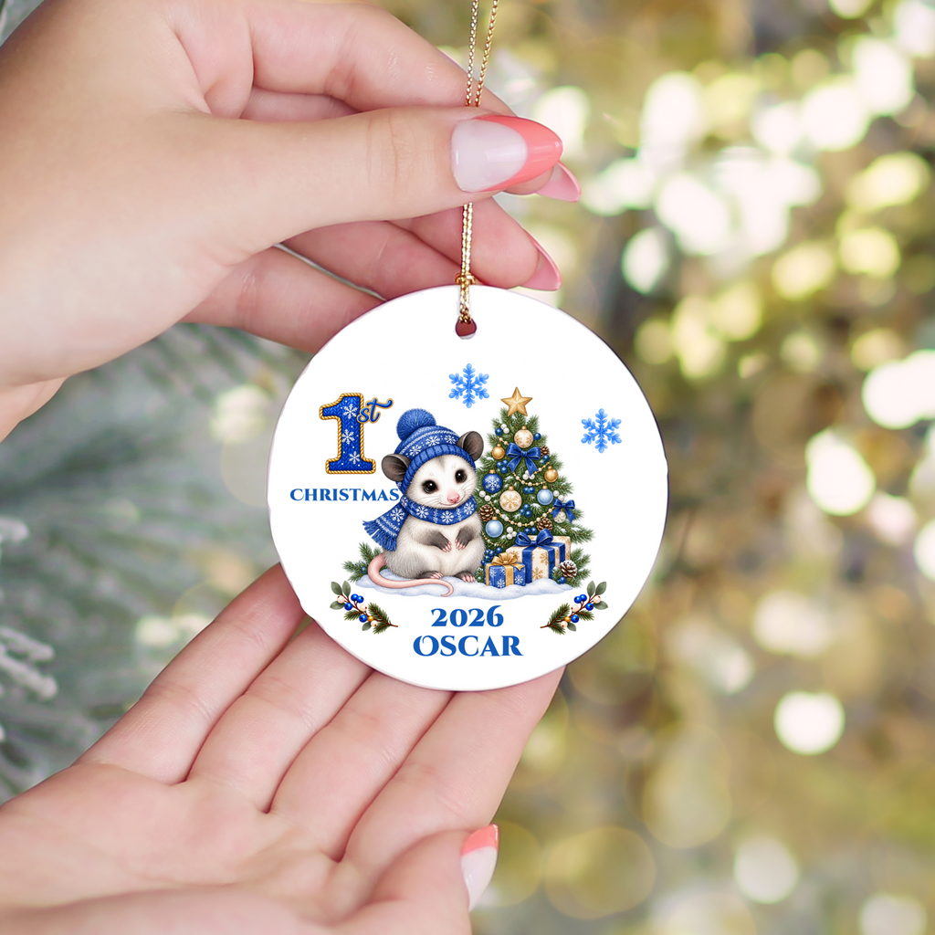 Opossum Baby Personalized Christmas Ornament, Baby's 1st 2nd 3rd Christmas, Custom Name Year Ceramic Keepsake, Boy Gift