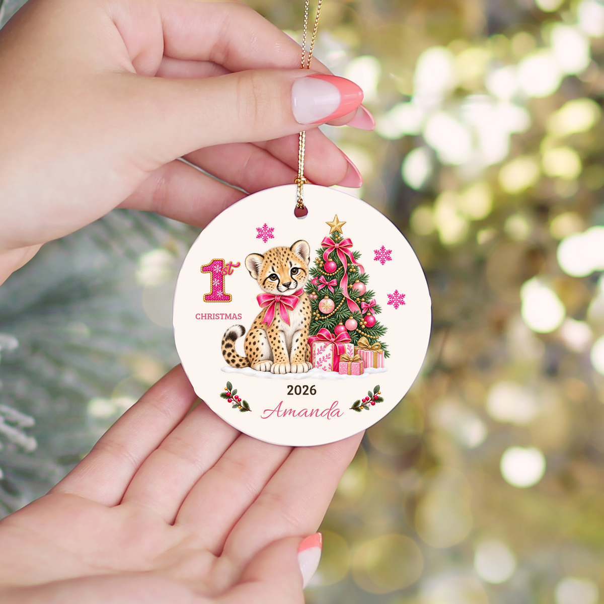 Personalized Baby Cheetah Christmas Ornament, Baby's First Christmas, 1st–10th Year Keepsake, Custom Name and Year, Pink or Blue