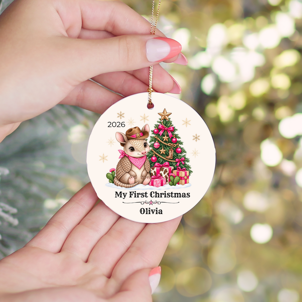 Personalized Baby Armadillo Christmas Ornament, Baby's First Christmas, Western Cowboy Cowgirl Baby Gift, Custom Name Year, Blue or Pink