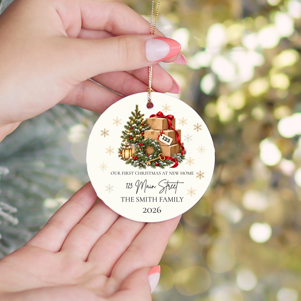 Personalized First Christmas in New Home Ornament, Custom Address Christmas Decoration, Moving Boxes Ornament, New Homeowner Housewarming Gift