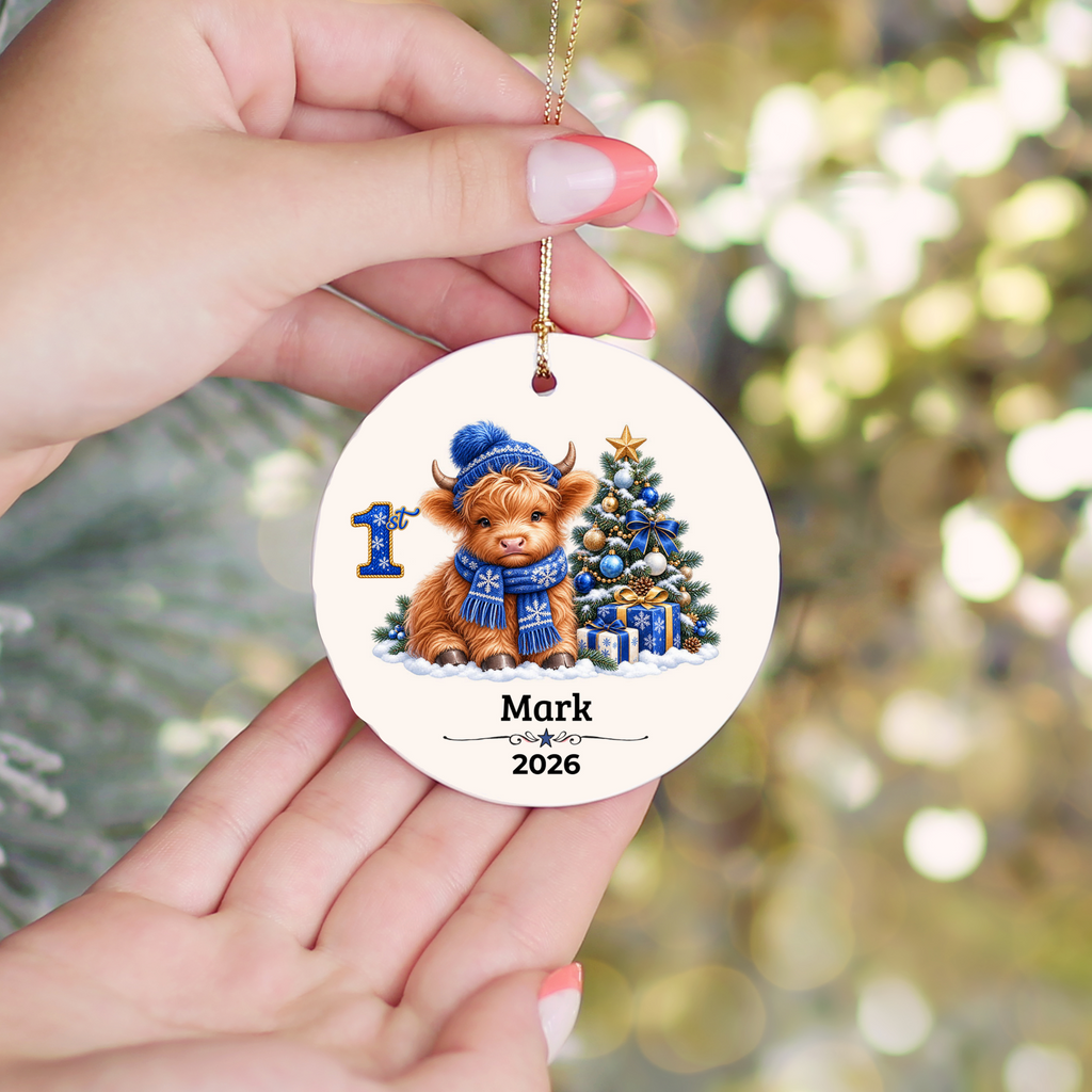 Personalized Christmas Ornament – Pink or Blue Highland Cow First, Second, Third Christmas 2026, Custom Name Keepsake, 3 Inch Ceramic Holiday Decor