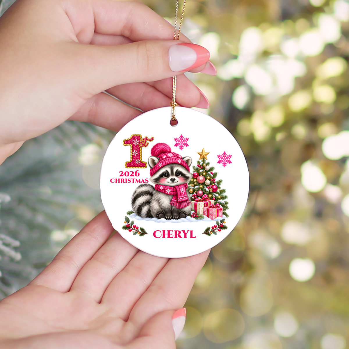 Baby Raccoon Personalized Christmas Ornament, First Christmas Keepsake, Pink Winter Animal Ceramic Tree Decoration, New Baby Gift 2026