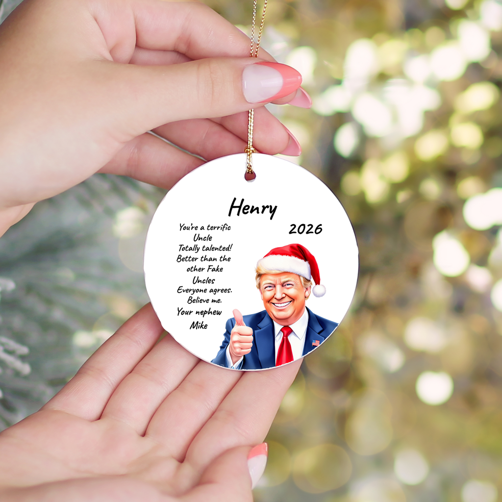 Personalized Trump Christmas Ornament, Funny Santa Hat Trump Gift, Custom Name Year and Relationship, 3 Inch Ceramic Holiday Keepsake