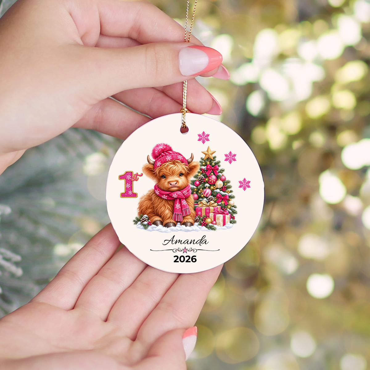 Personalized Christmas Ornament – Pink Girl Highland Cow First, Second, Third Christmas 2026, Custom Name Keepsake, 3 Inch Ceramic Holiday Decor