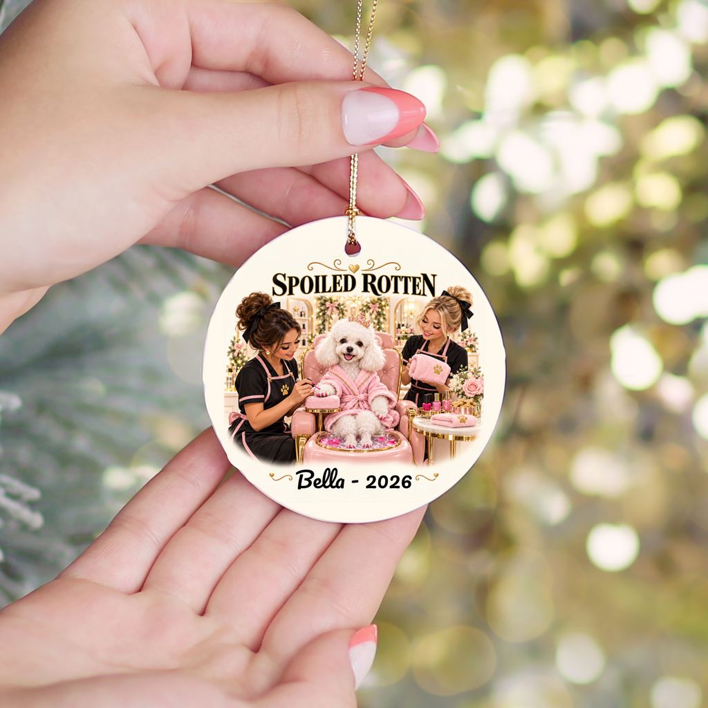 Personalized Pet Photo Christmas Ornament, Spoiled Rotten Dog Spa Ornament, Custom Dog or Cat Gift, Pet Name and Year, Ceramic Keepsake