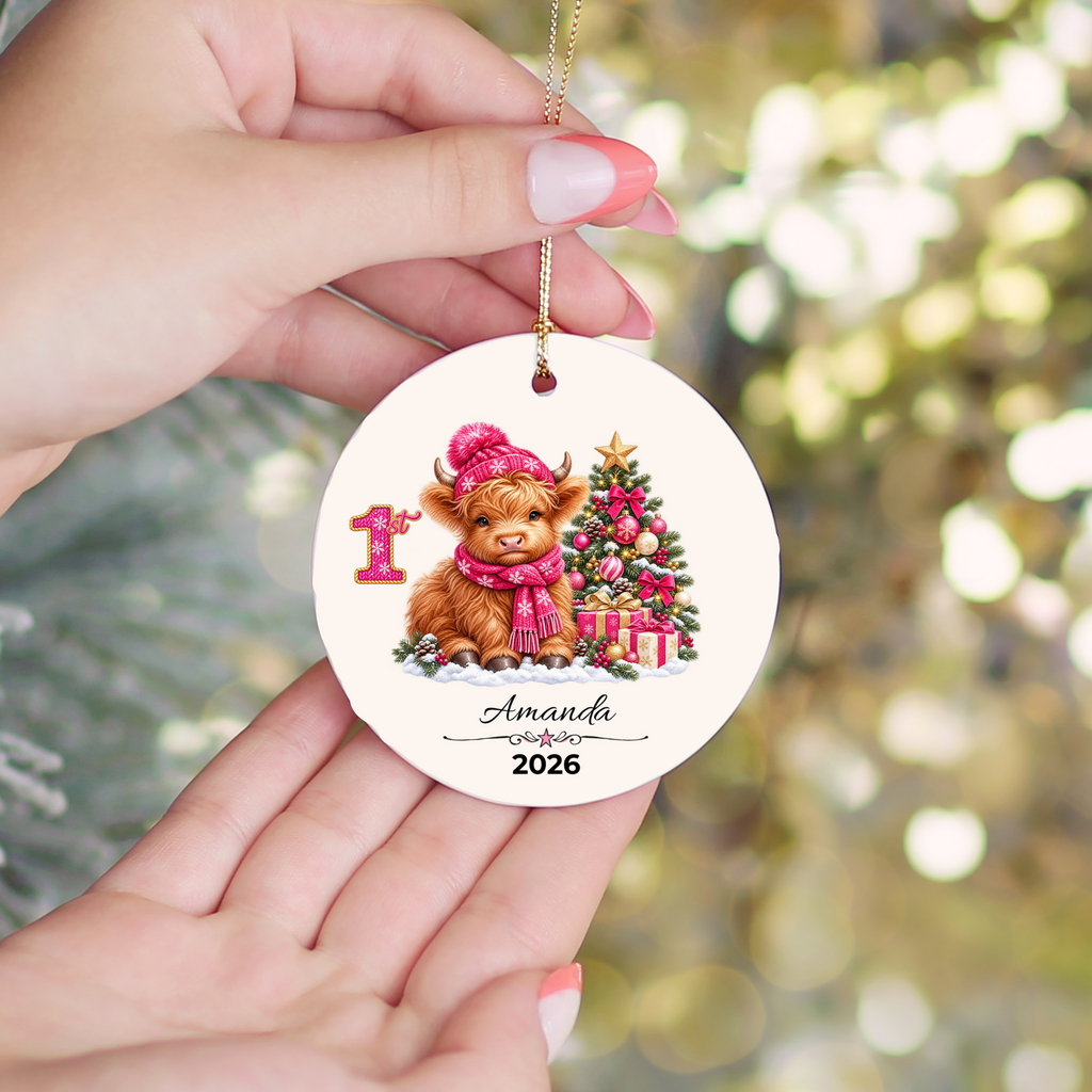 Personalized Christmas Ornament – Pink or Blue Highland Cow First, Second, Third Christmas 2026, Custom Name Keepsake, 3 Inch Ceramic Holiday Decor
