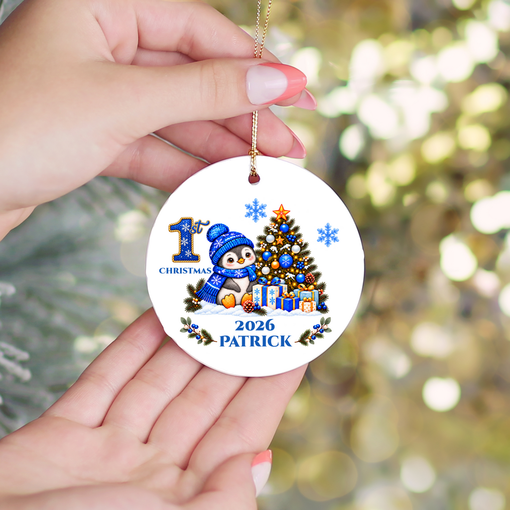Penguin Baby Personalized Christmas Ornament, Baby's 1st 2nd 3rd Christmas, Custom Name Year Ceramic Keepsake, Boy or Girl Gift