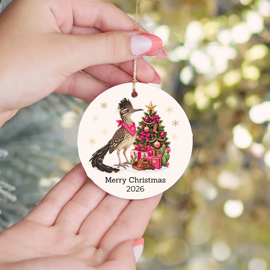 Personalized Roadrunner Christmas Ornament, Western Cowboy Cowgirl Decor, Blue or Pink, Custom Text and Year, Southwest Christmas Gift
