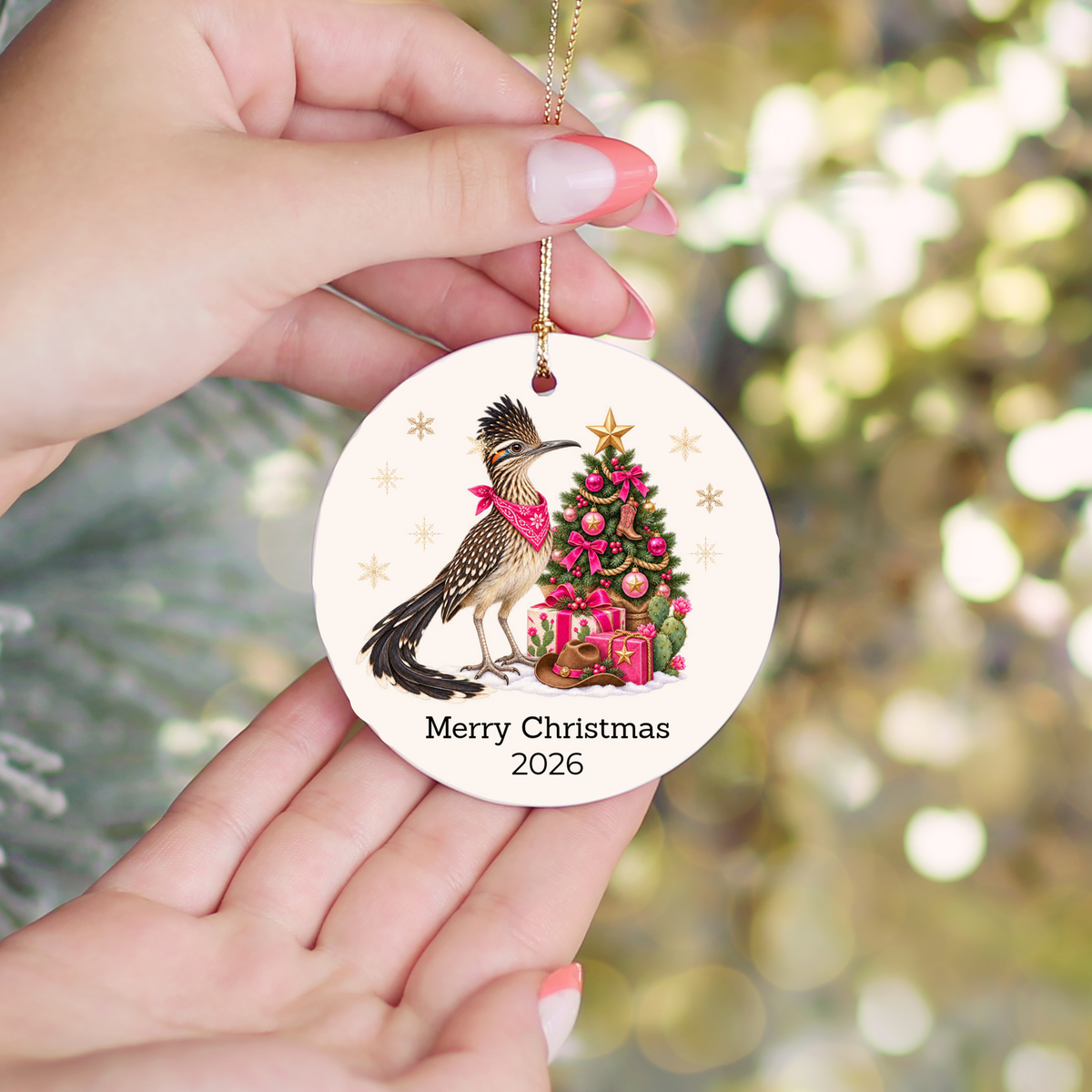 Personalized Roadrunner Christmas Ornament, Western Cowboy Cowgirl Decor, Blue or Pink, Custom Text and Year, Southwest Christmas Gift