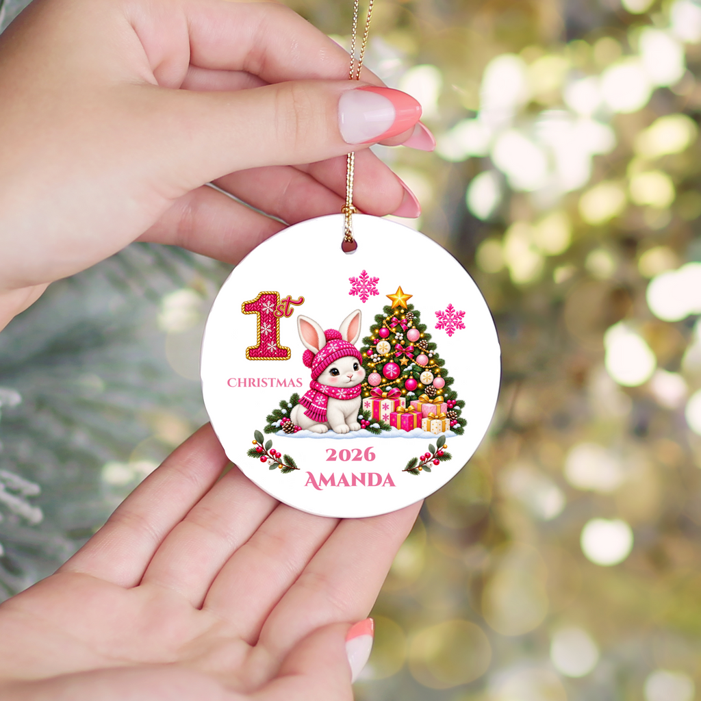 Baby Bunny Personalized Christmas Ornament. Baby's 1st 2nd 3rd Christmas, Custom Name Year Ceramic Keepsake, Girl Gift