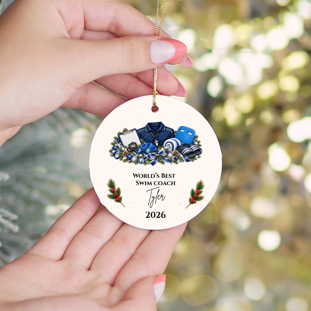 Personalized Swim Coach Ornament, Swimming Coach Christmas Gift, Custom Coach Appreciation Keepsake, Swim Team Gift, Name and Year