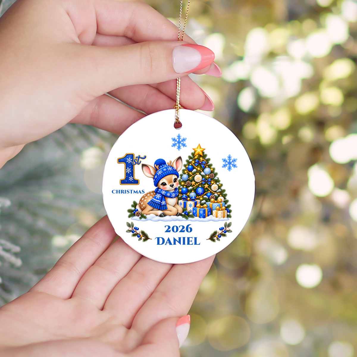 Fawn Baby Personalized Christmas Ornament, Baby's 1st 2nd 3rd Christmas, Custom Name Year Ceramic Keepsake, Boy or Girl Gift