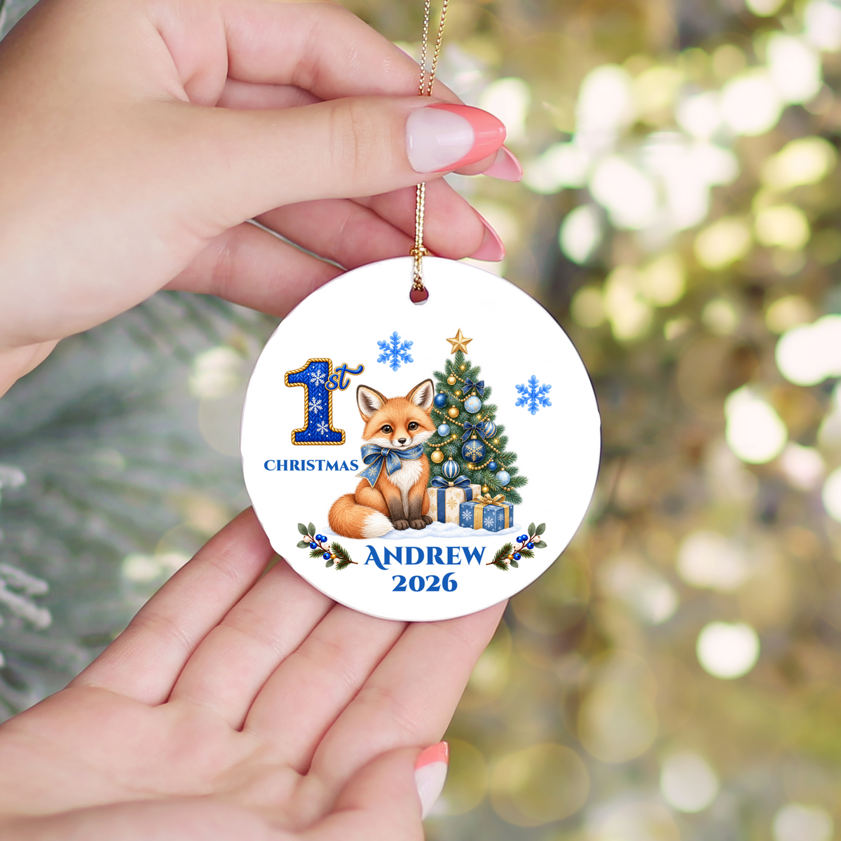 Fox Baby Personalized Christmas Ornament, Baby's 1st 2nd 3rd Christmas, Custom Name Year Ceramic Keepsake