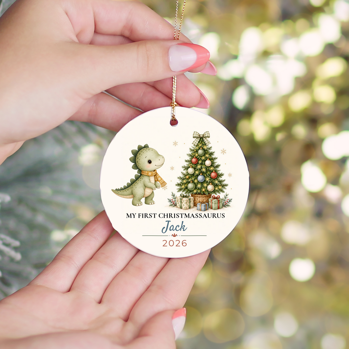 Personalized Dinosaur Christmas Ornament, Baby Boy 1st 2nd 3rd Christmas, Custom Name Year, Christmassaurus Ceramic Keepsake