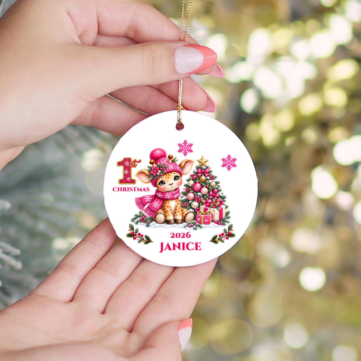 Giraffe Baby Personalized Christmas Ornament, Baby's 1st 2nd 3rd Christmas, Custom Name Year Ceramic Keepsake, Boy or Girl Gift
